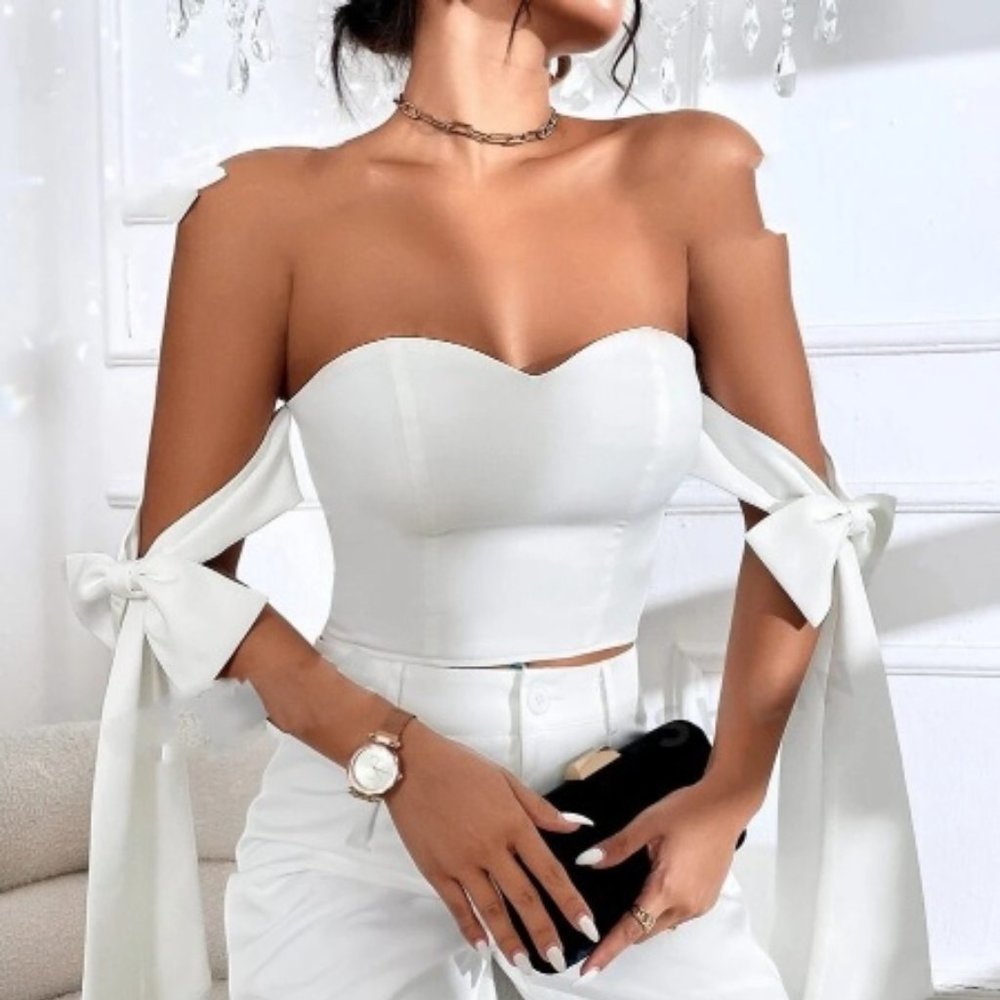White Off The Shoulder Bustier Crop Top - Picture 1 of 5